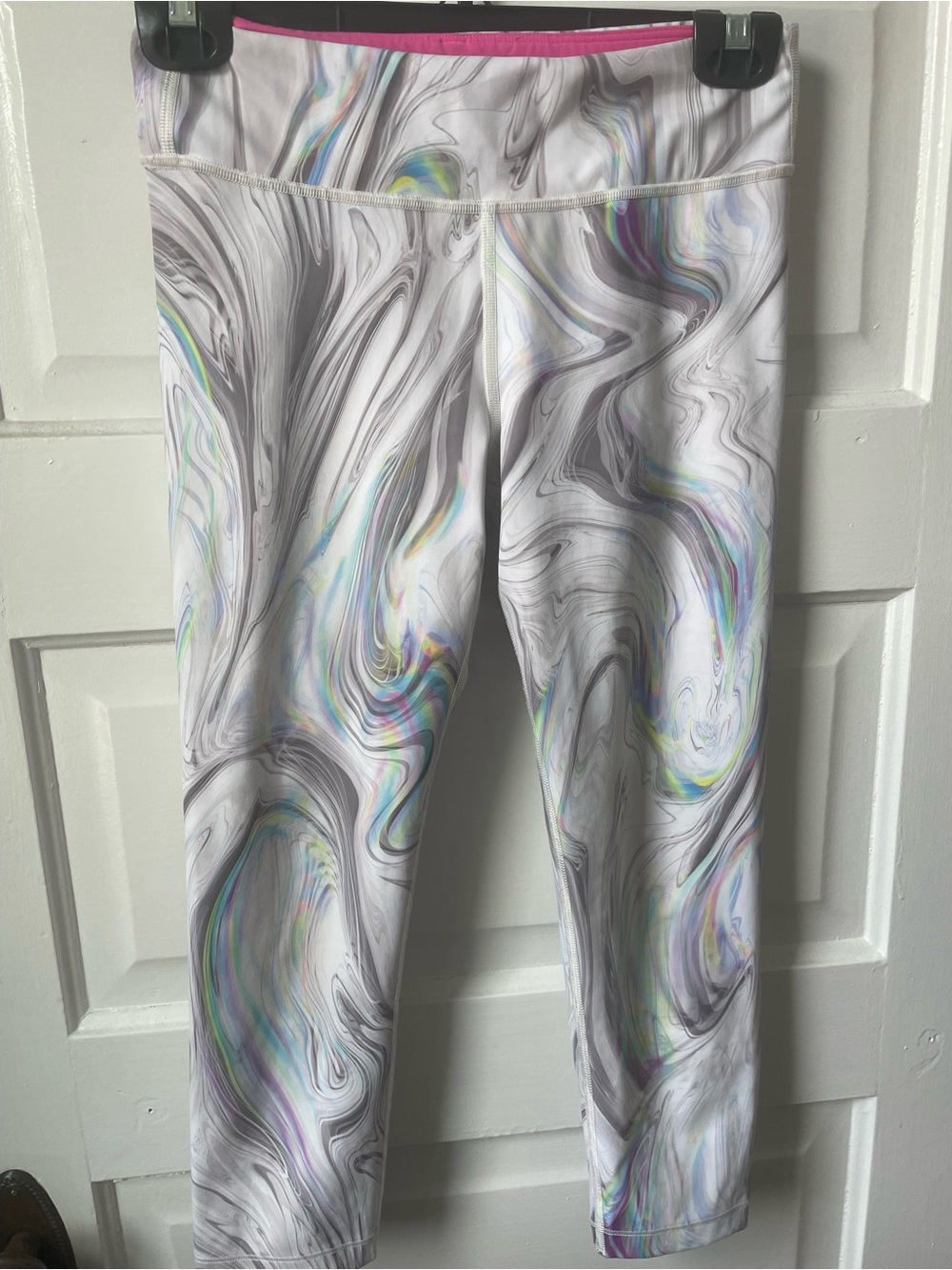 Athleta Girl White Cropped Leggings with Holographic Swirl